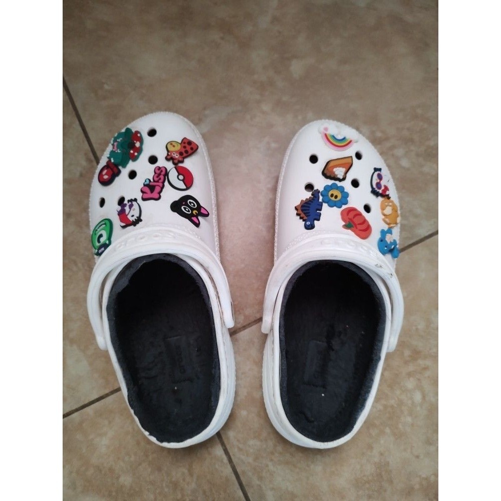Unisex White Warm Crocs Slides with 16 Charms US Men's Size 7 / Women's Size 9